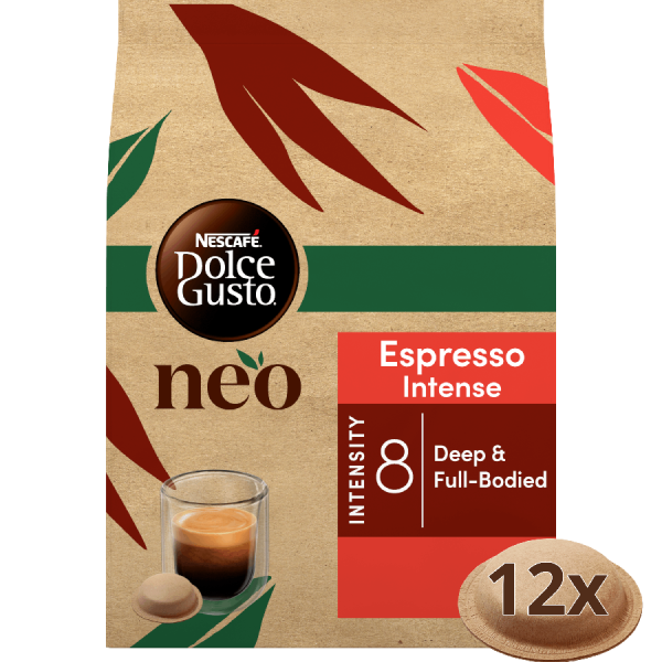 Packung mit heimkompostierbaren Kaffeepods auf Papierbasis NESCAFÉ® Dolce Gusto® NEO Espresso Intense