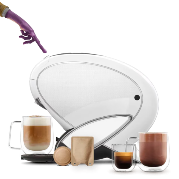 Alien-Finger berührt NEO Latte Maschine. NEO Getränke, ein Pad und ein Sachet