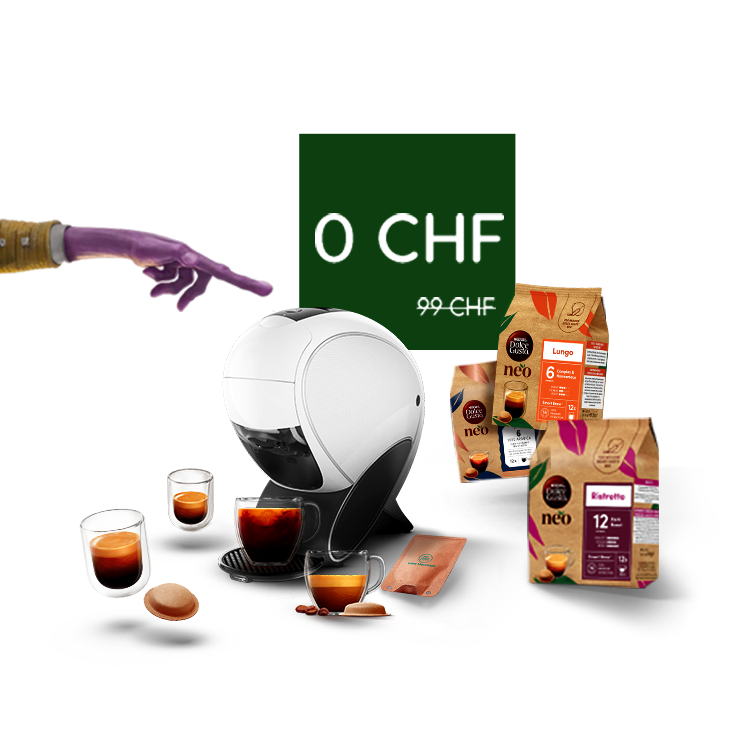 Weisse NEO Latte Kaffeemaschine mit verschiedenen Getränken und Packs