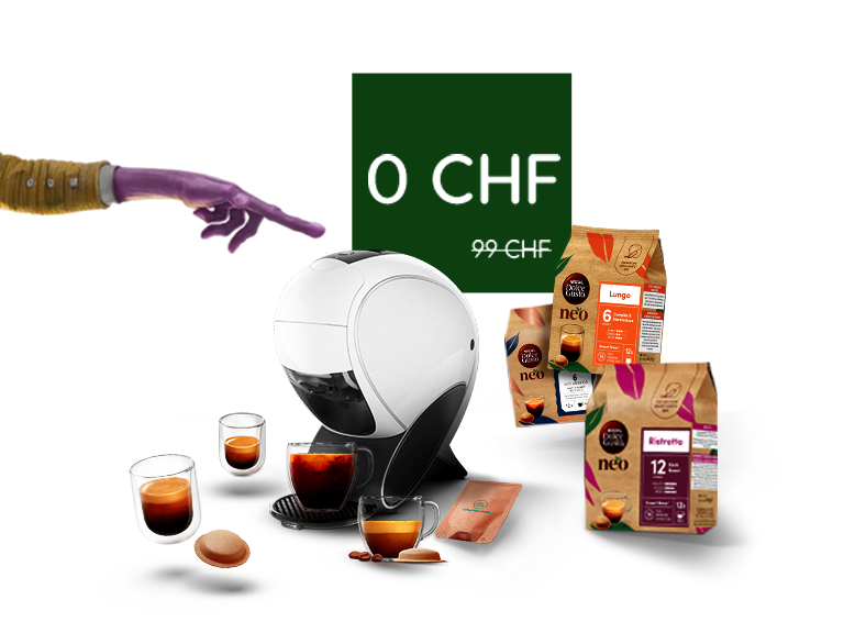 Weisse NEO Latte Kaffeemaschine mit verschiedenen Getränken und Packs