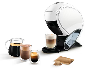 Weisse NEO Latte Kaffeemaschine mit verschiedenen Getränken und Packs