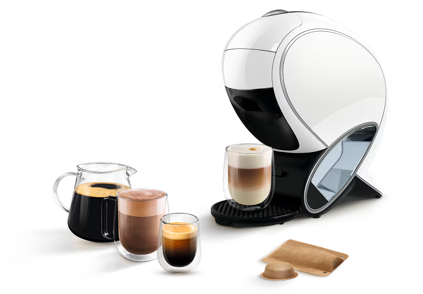Weisse NEO Latte Kaffeemaschine mit verschiedenen Getränken und Packs