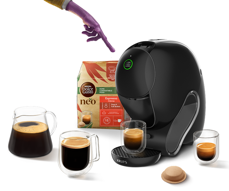 Doigt extraterrestre touchant une machine NEO Caff&egrave;. Boissons, pack NEO et pod autour de la machine