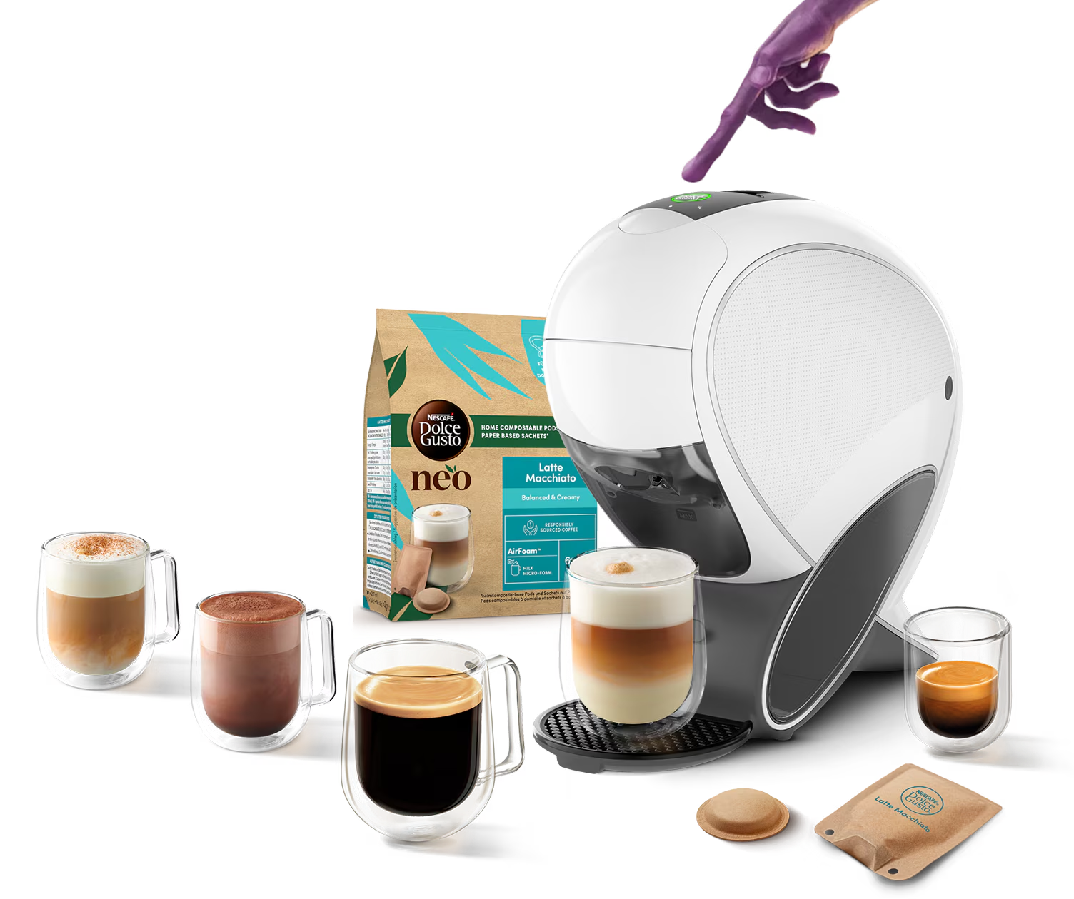 Doigt extraterrestre touchant la machine NEO Latte, boissons, pack NEO, pod et sachet autour de la machine